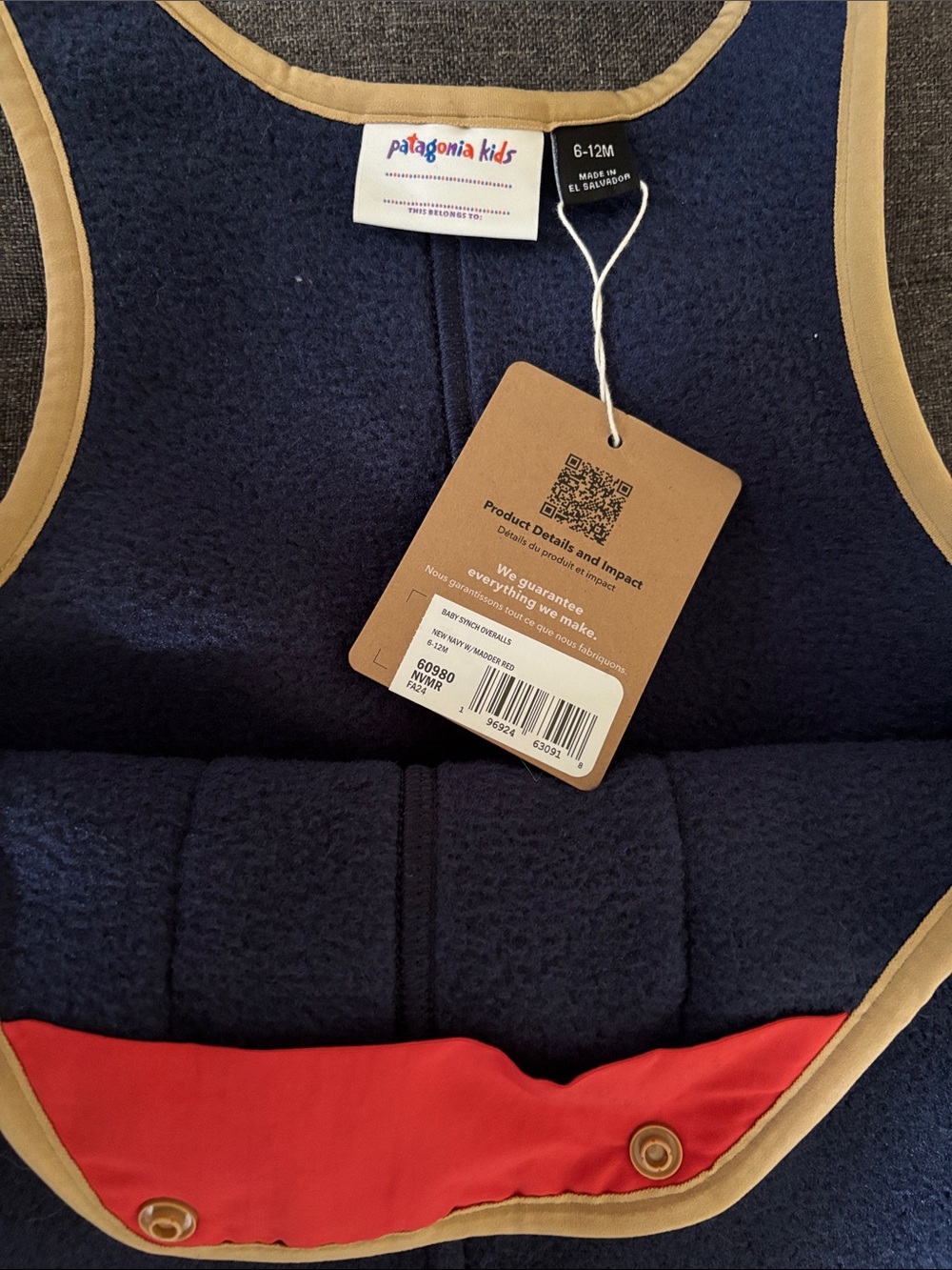 Patagonia Kids Synchilla Navy Fleece overalls with Red Pocket and Tan Trim - Picture 2 of 6